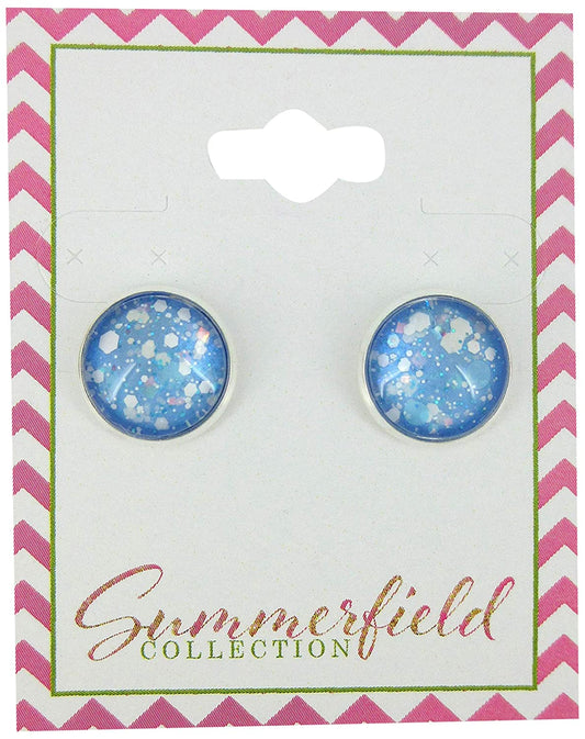Silver-Tone Ice Blue and White Glitter Glass Stud Earrings 12mm