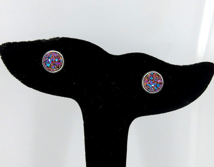 Silver-tone Pink and Teal Faux Druzy Stone Stud Earrings 8mm