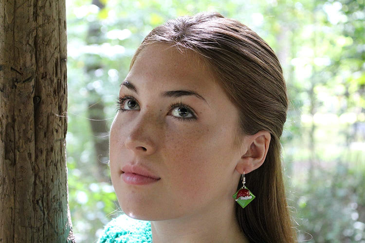Silver-tone Green Enamel Santa Hat Charm Dangle Earrings