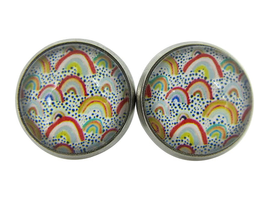 Stainless Steel Yellow Blue Vintage Rainbows Print Glass Stud Earrings 12mm Dots