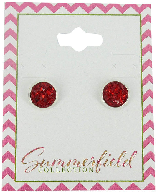 Silver-tone Red Faux Druzy Stone Stud Earrings 8mm