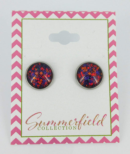 Stainless Steel Purple Orange Glitter Glass Stud Earrings Hand-painted 12mm