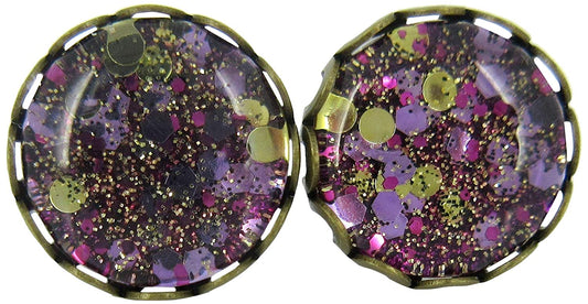 Antiqued Gold-tone Purple Glitter Glass Stud Earrings Hand-painted 10mm