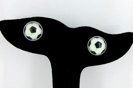 Silver-tone Soccer Ball Print Glass Stud Earrings 12mm