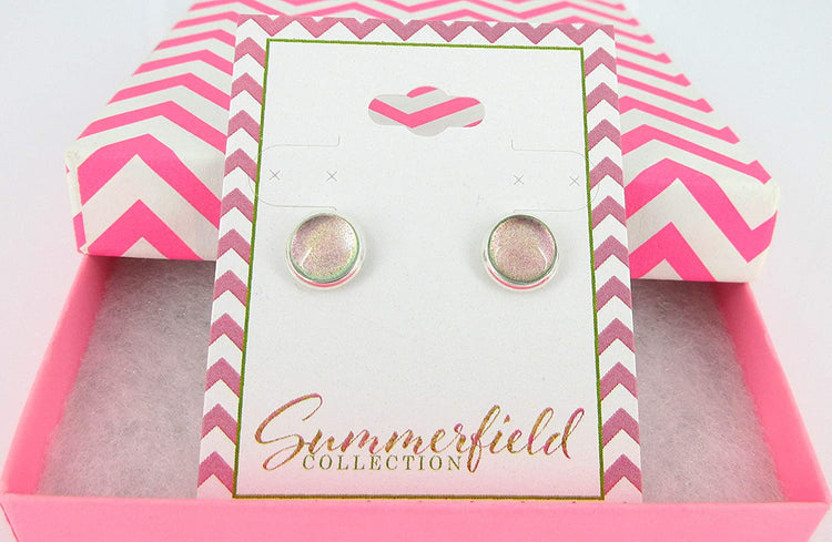 Silver-tone Pink to Green Color Shift Glitter Glass Stud Earrings Hand-painted 8mm