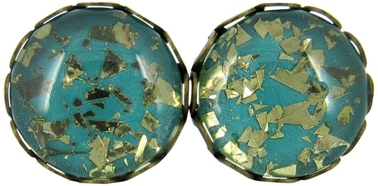 Antiqued Gold-tone Teal Blue Green Glitter Glass Stud Earrings Hand-painted 12mm