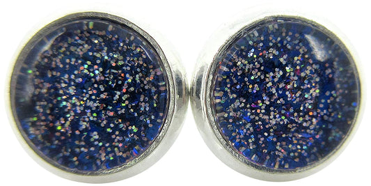 Silver-tone Royal Blue and Holographic Glitter Glass Stud Earrings Hand-painted 8mm