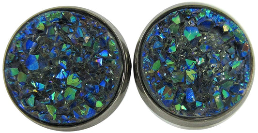 Hematite-tone Gray Green Blue AB Faux Druzy Stone Stud Earrings 12mm