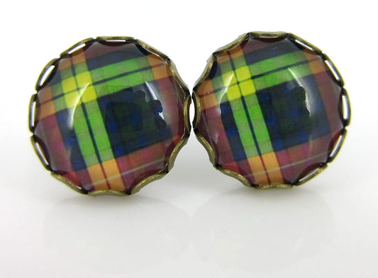 Antiqued Gold-tone Trio Plaid Print Glass Stud Earrings 12mm Set