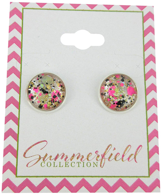Silver-Tone Neon Pink Gold and Black Glitter Glass Stud Earrings 1/2" Round