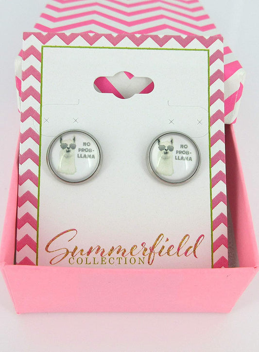 Stainless Steel No Prob Llama Print Glass Stud Earrings 12mm
