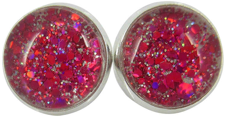 Silver-tone Hot Pink and Pearly White Glitter Glass Stud Earrings Hand-painted 12mm