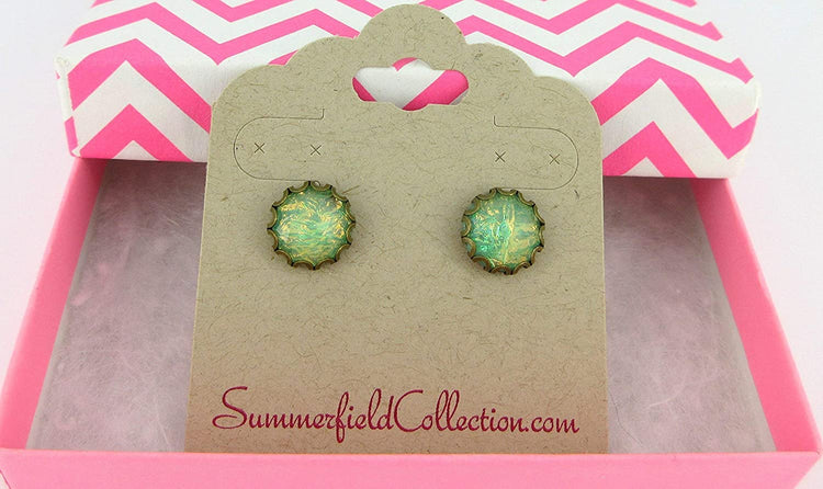 Antiqued Gold-tone Green AB Resin Opalescent Flake Stud Earrings 10mm