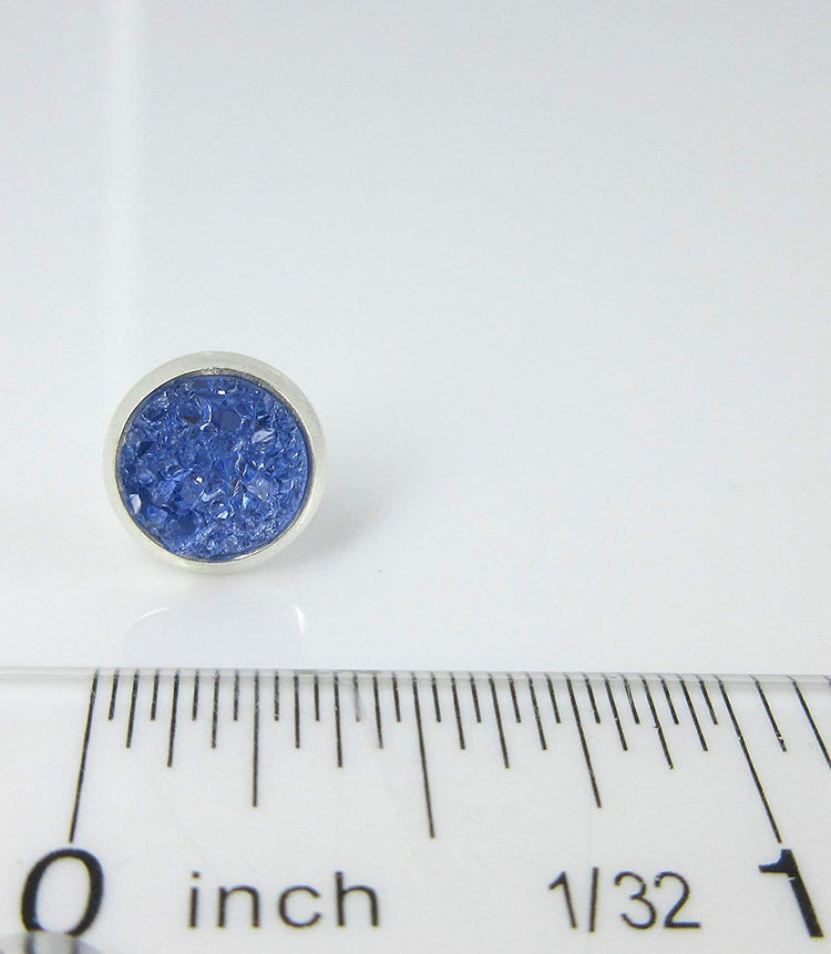 Duo Silver-tone Rainy Day Blues Faux Druzy Stone Stud Earrings 8mm Set