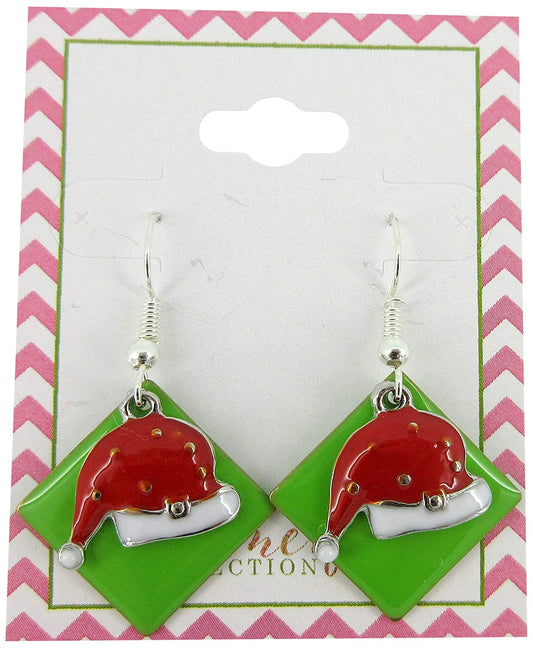 Silver-tone Green Enamel Santa Hat Charm Dangle Earrings