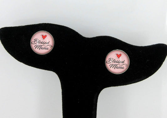Stainless Steel Blessed Mama Print Glass Stud Earrings 12mm