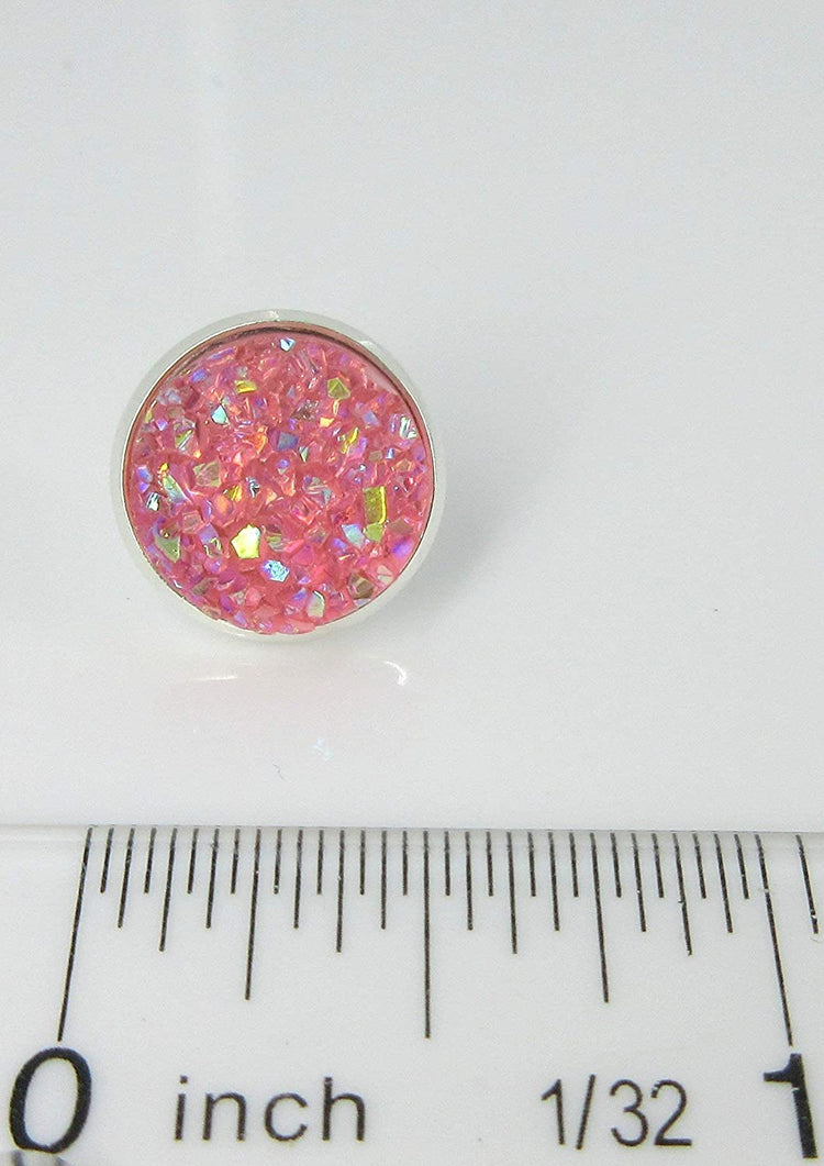 Duo Stud Earrings Silver-tone Pink and Green AB Faux Druzy Stone 12mm Set