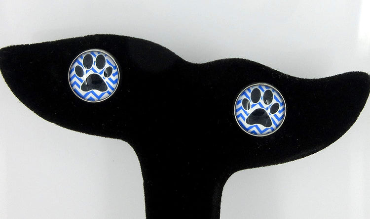 Stainless Steel Chevron and Black Paw Print Glass Stud Earrings 12mm
