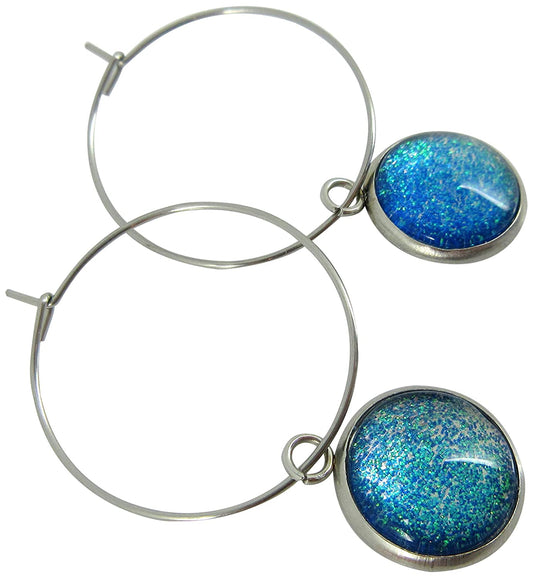 Stainless Steel Blue Green Glitter Glass Charm Hoop Earrings Hand-painted 1"