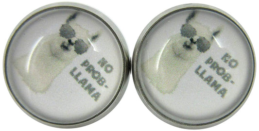 Stainless Steel No Prob Llama Print Glass Stud Earrings 12mm