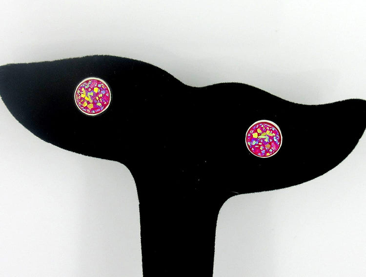 Duo Silver-tone Faux Druzy Stone Stud Earrings 8mm Set (Aqua Blue/Deep Pink AB)
