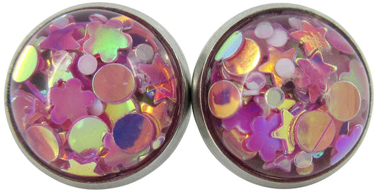 Stainless Steel Glitter Resin Globe Stud Earrings 12mm Magenta