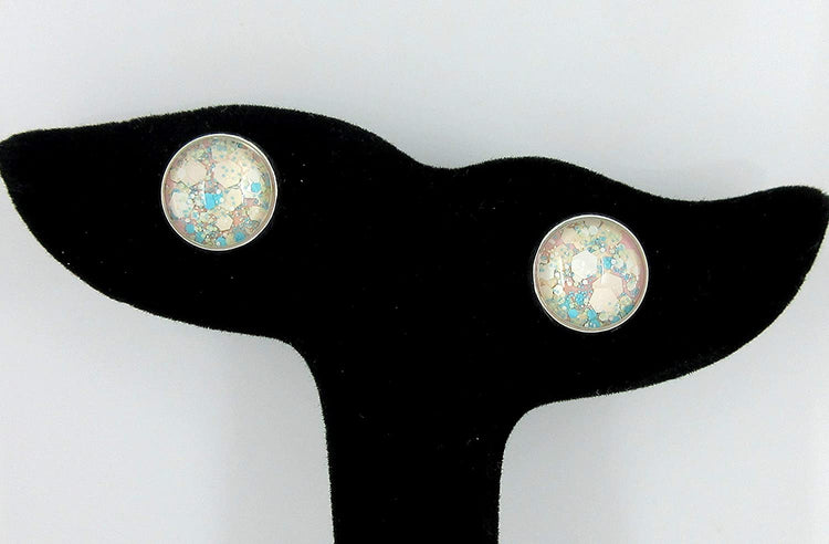 Silver-tone Pink Aqua Blue White and Lime Green Glitter Glass Stud Earrings Hand-painted 12mm