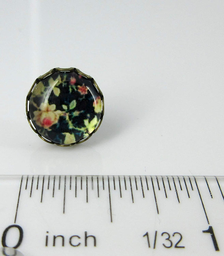 Antiqued Gold-tone Black and Pink Flower Print Glass Stud Earrings 12mm