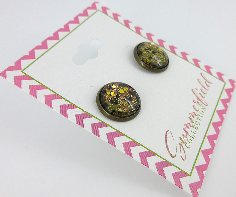 Antiqued Gold-tone Black and Silver Glitter Glass Stud Earrings Hand-painted 12mm