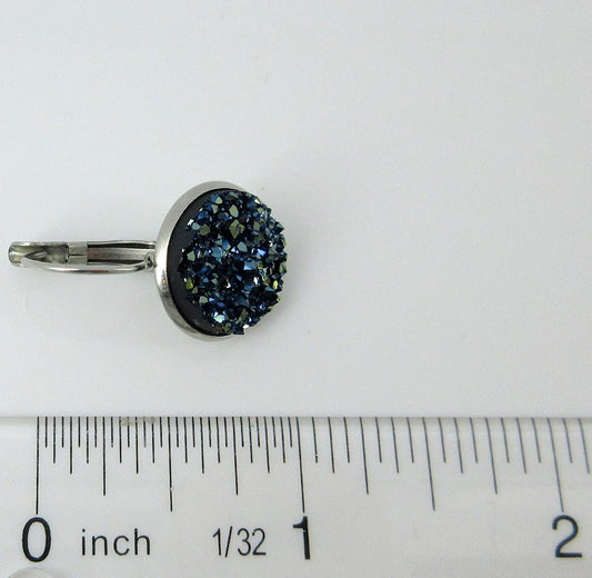 Stainless Steel Metallic Blue Faux Druzy Stone Lever-back Drop Earrings 14mm