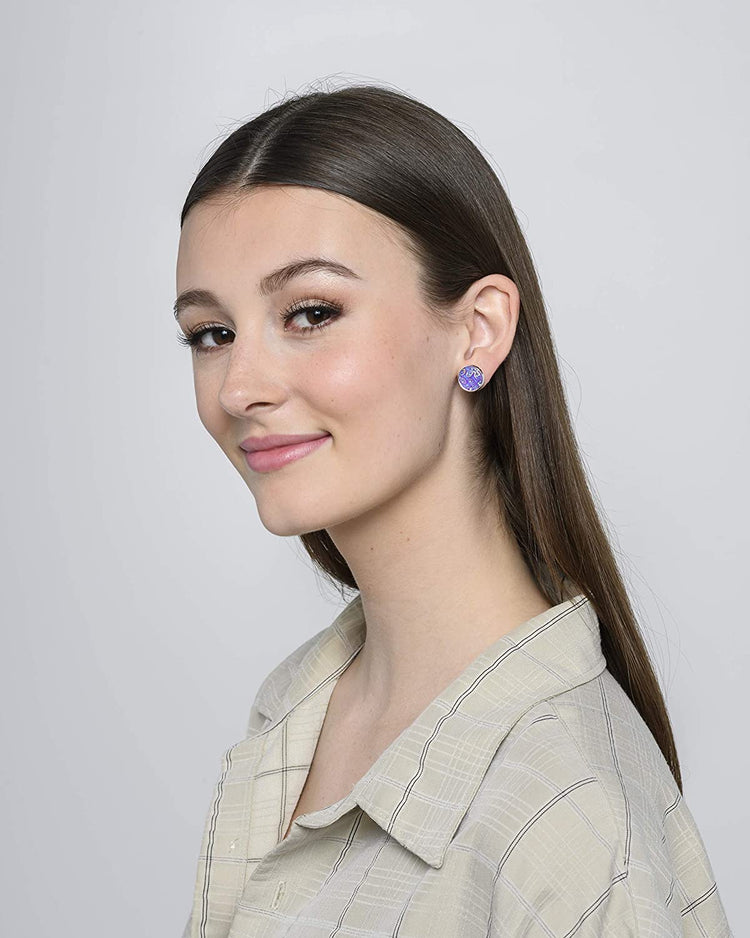 Silver-tone Lavender Purple Frosted Flower Metallic Rainbow Stud Earrings 12mm