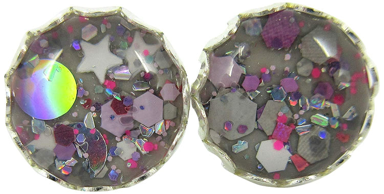 Silver-tone Gray Pink and White Glitter Glass Stud Earrings Hand-painted 10mm
