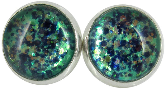 Silver-tone Mermaid Tail Glitter Glass Stud Earrings Hand-painted 12mm