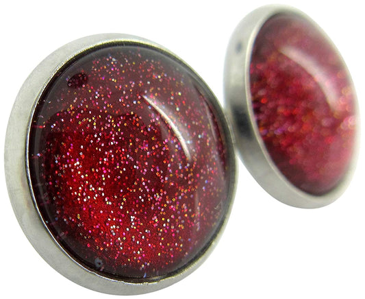 Stainless Steel Red with Gold Glitter Glass Stud Earrings Hand-painted 12mm
