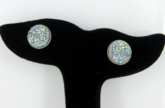 Stainless Steel Frost Blue Gray AB Glitter Faux Druzy Stone Stud Earrings 12mm