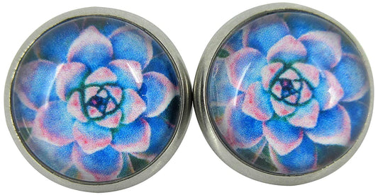 Stainless Steel Pink and Blue Succulent Plant Print Glass Stud Earrings 12mm