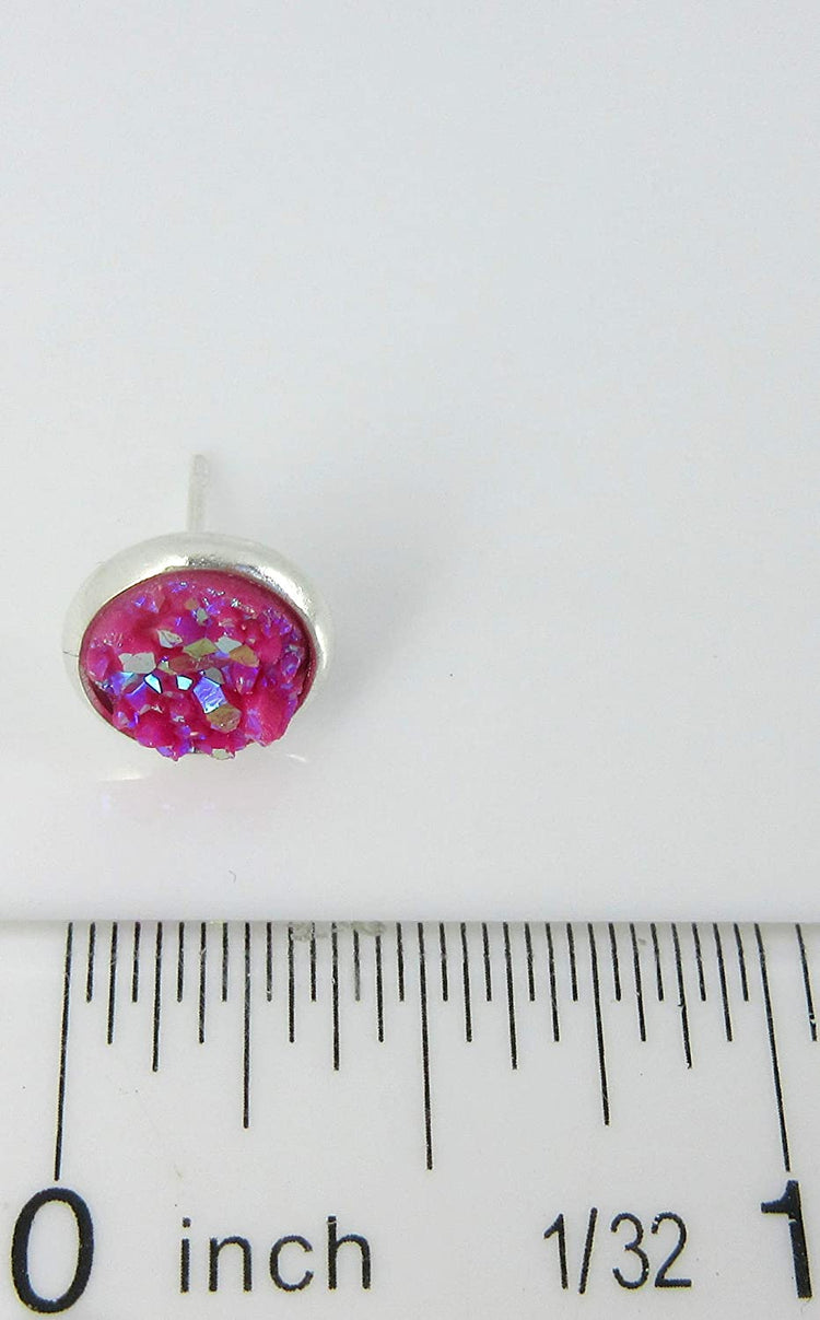 Duo Silver-tone Faux Druzy Stone Stud Earrings 8mm Set (Aqua Blue/Deep Pink AB)