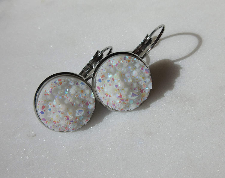 Stainless Steel White AB Faux Druzy Stone Lever-back Drop Earrings 14mm