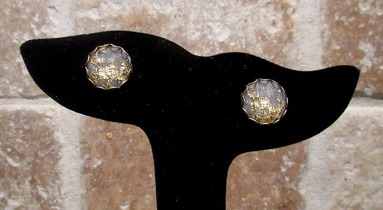 Antiqued Gold-tone Gray Faceted Resin Leaf Foil Stud Earrings 12mm