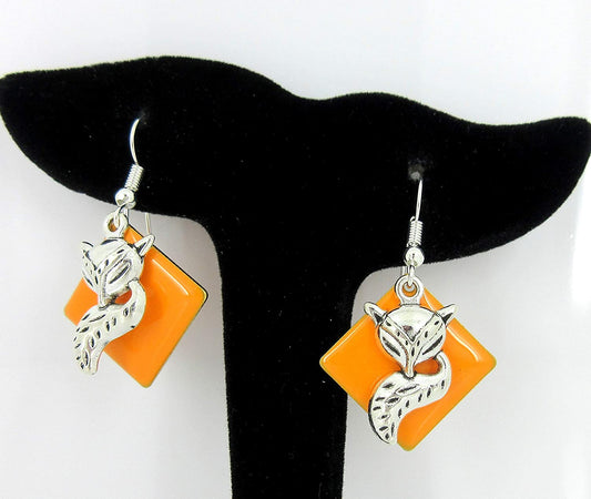 Silver-tone Orange Enamel Fox Charm Dangle Earrings