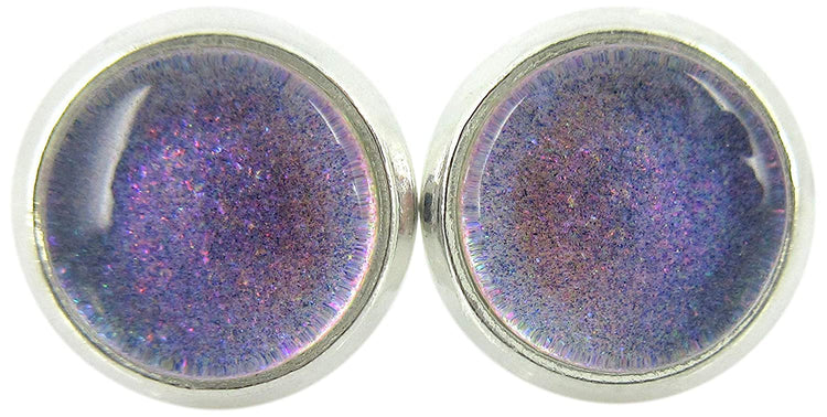 Silver-tone Pastel Purple Color Shift Glitter Glass Stud Earrings Hand-painted 8mm