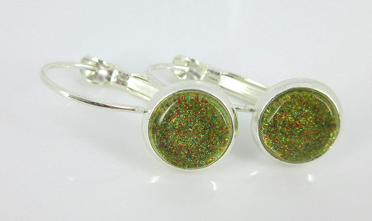 Silver-tone Gold Green Red Glitter Glass Drop Earrings Hand-painted 8mm
