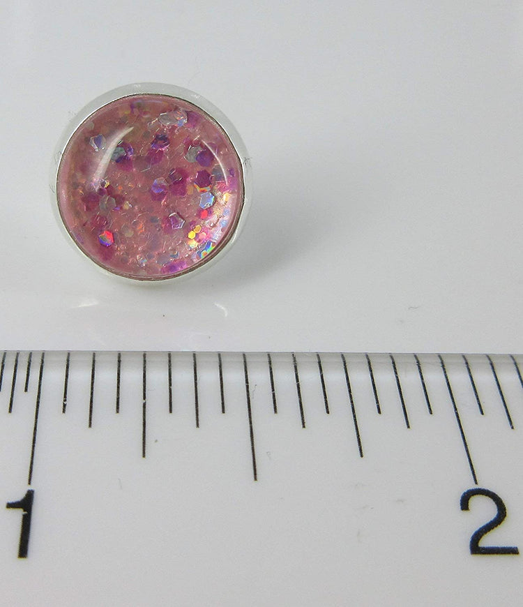 Silver-tone Pink and Purple Iridescent Glitter Glass Stud Earrings Hand-painted 12mm