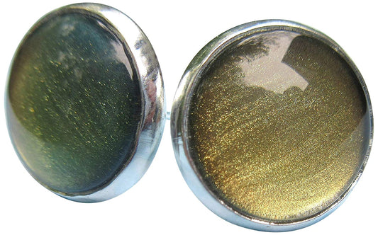 Silver-tone Metallic Green and Gold Color Shifting Glass Stud Earrings Hand-painted 12mm
