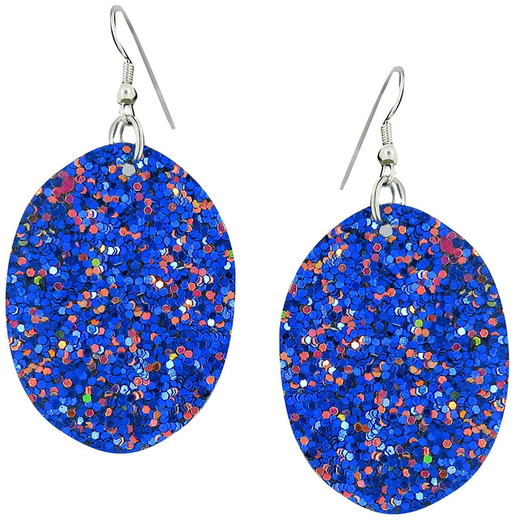 Blue with Pink and Black Glitter Faux Leather Oval Dangle Earrings
