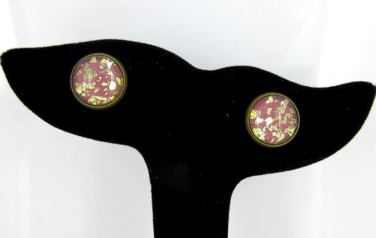 Antiqued Gold-tone Plum Berry Glitter Glass Stud Earrings 12mm Hand-painted