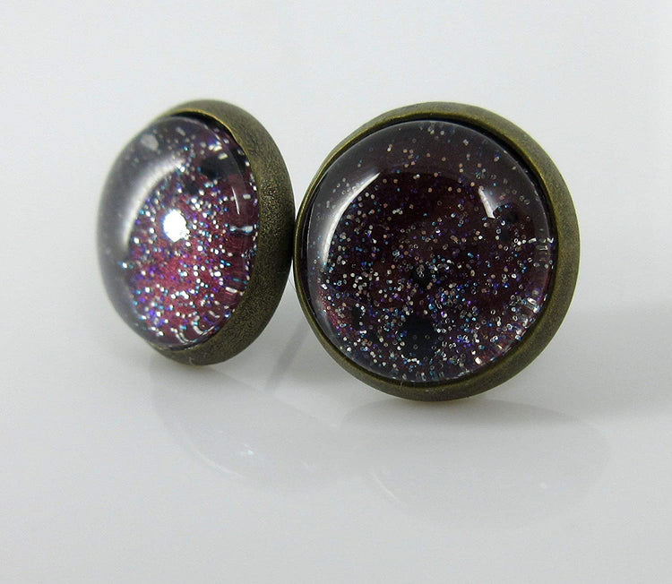 Antiqued Gold-tone Black Hole Glitter Glass Galaxy Stud Earrings Hand-painted 12mm