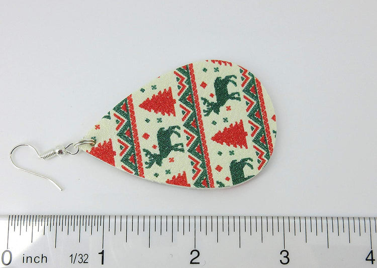 White Red Green Christmas Print Faux Leather Large Teardrop Dangle Earrings