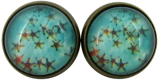 Antiqued Gold-tone Sea and Starfish Print Glass Stud Earrings 12mm