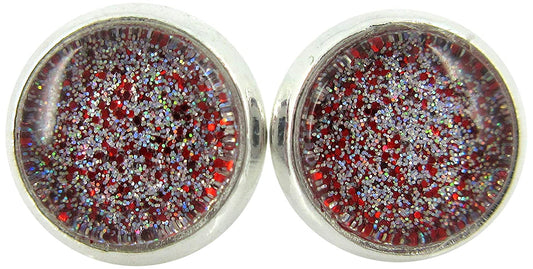 Silver-tone Red and Holographic Glitter Glass Stud Earrings Hand-painted 8mm